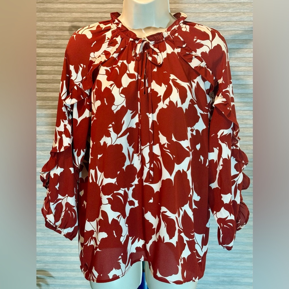 Ann Taylor Factory Burnt Red and White Floral Ruffle Blouse